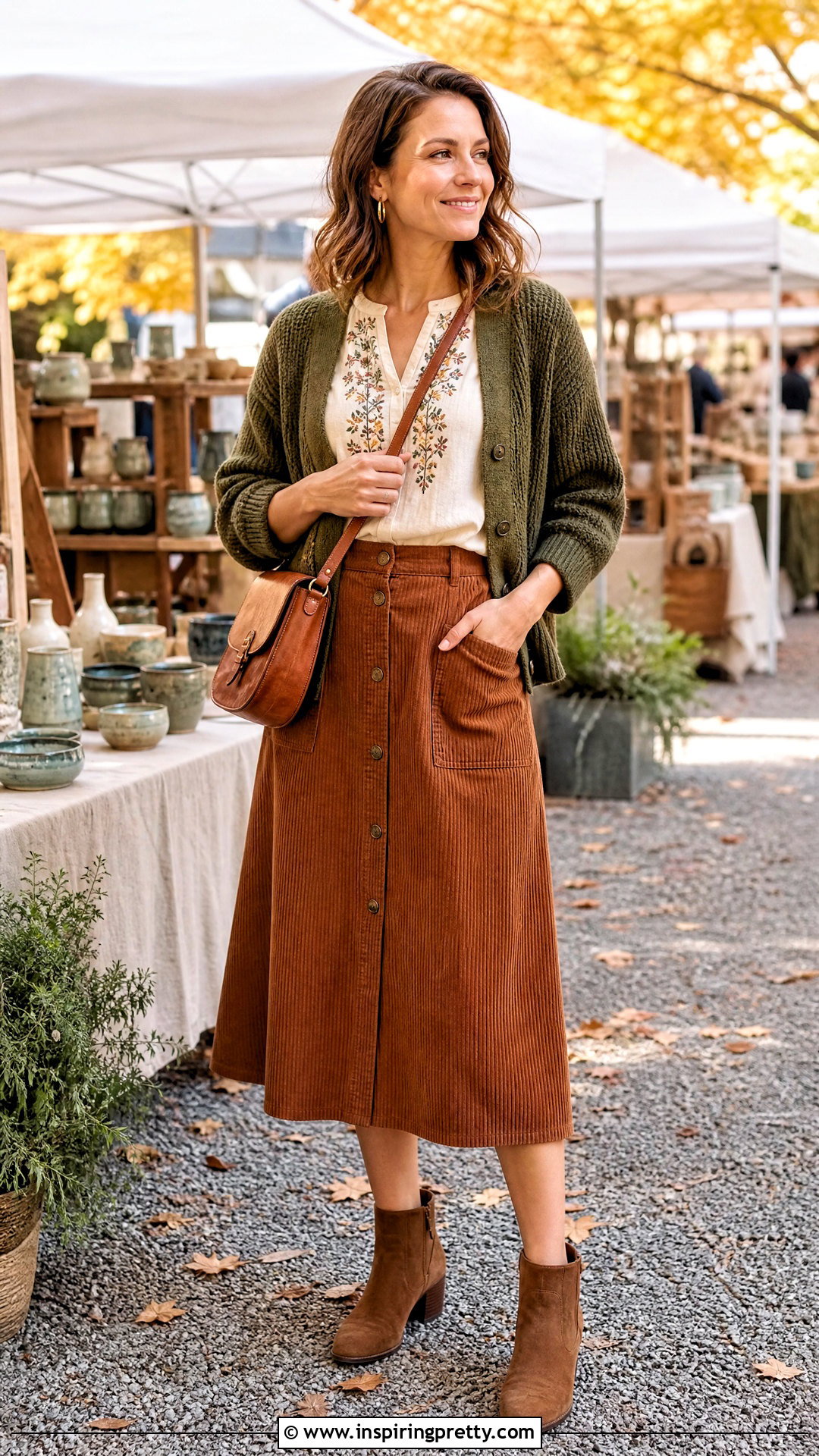 Embroidered Blouse Autumn Top With Corduroy Skirt - 50 autumn tops outfit ideas