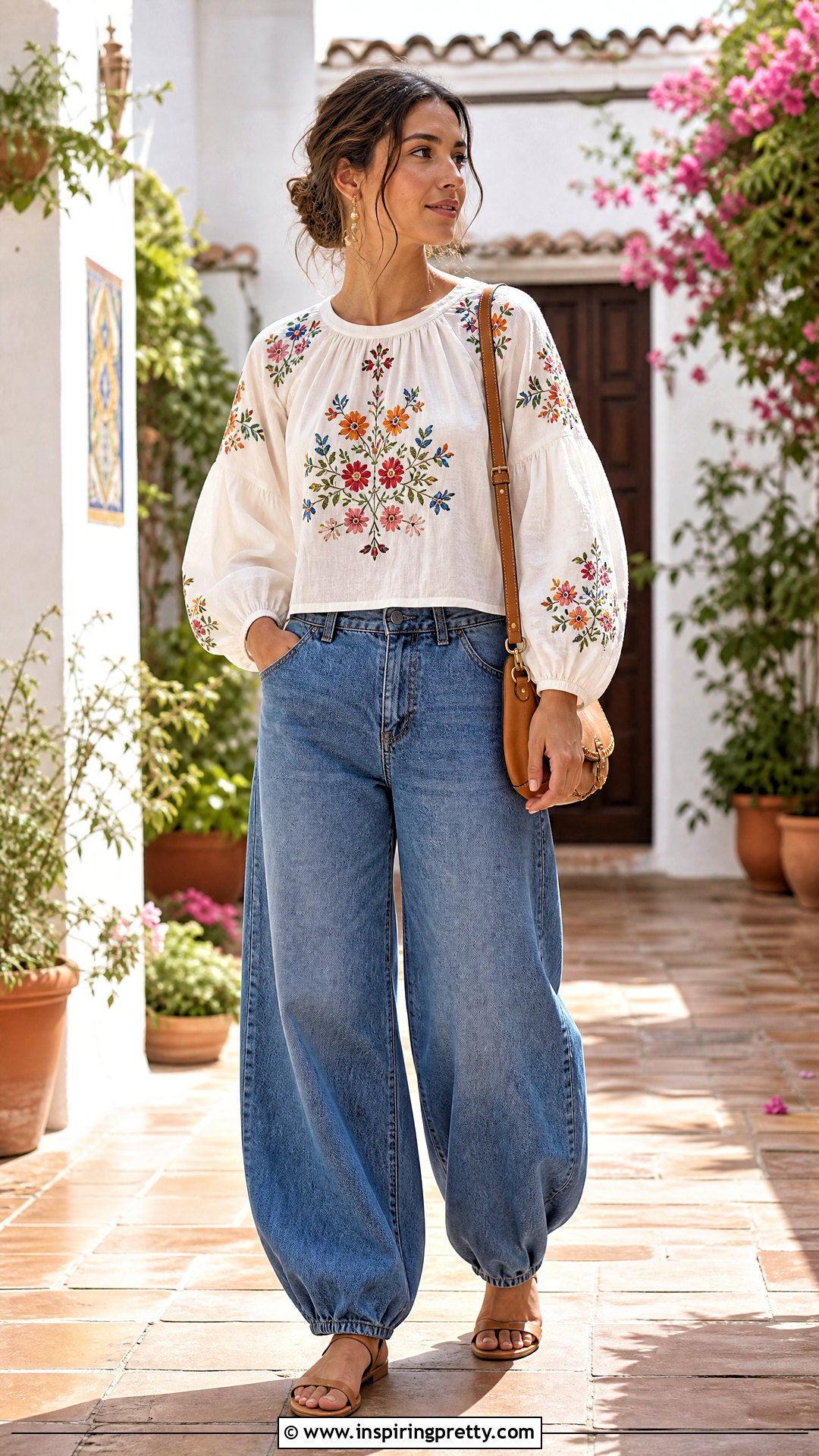 Embroidered Blouse With Balloon Jeans - 50 Top For Jeans