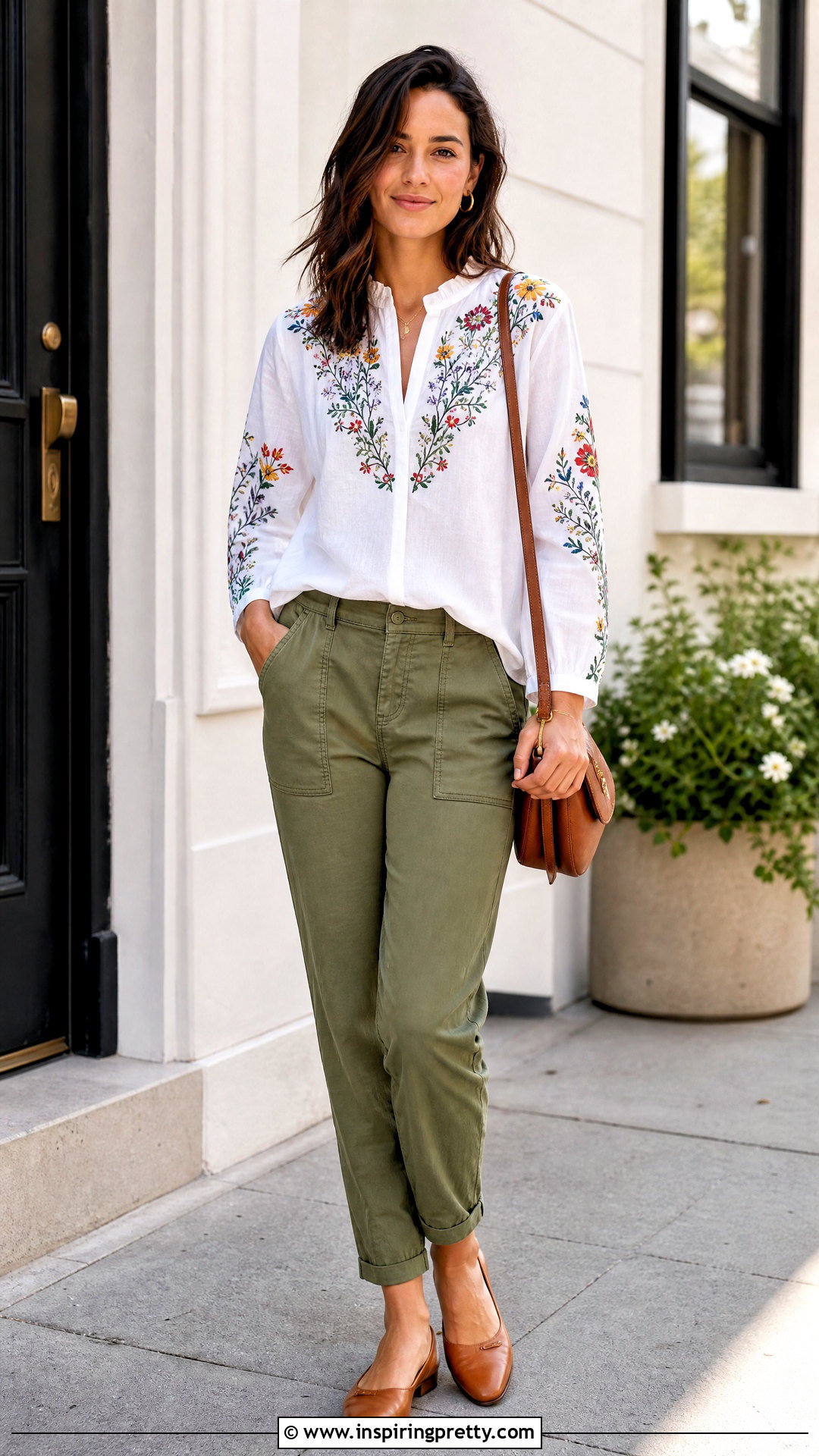 Embroidered Blouse With Utility Pants - 50 fashion tops blouses