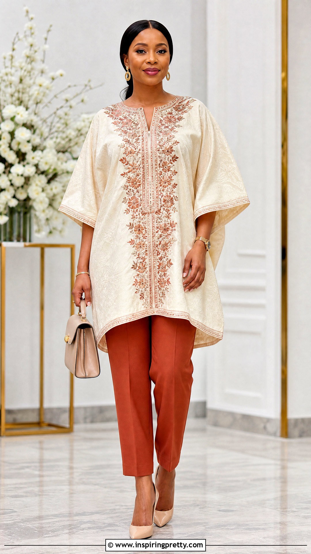 Embroidered Bubu Top With Tailored Pants - 50 bubu top style ideas