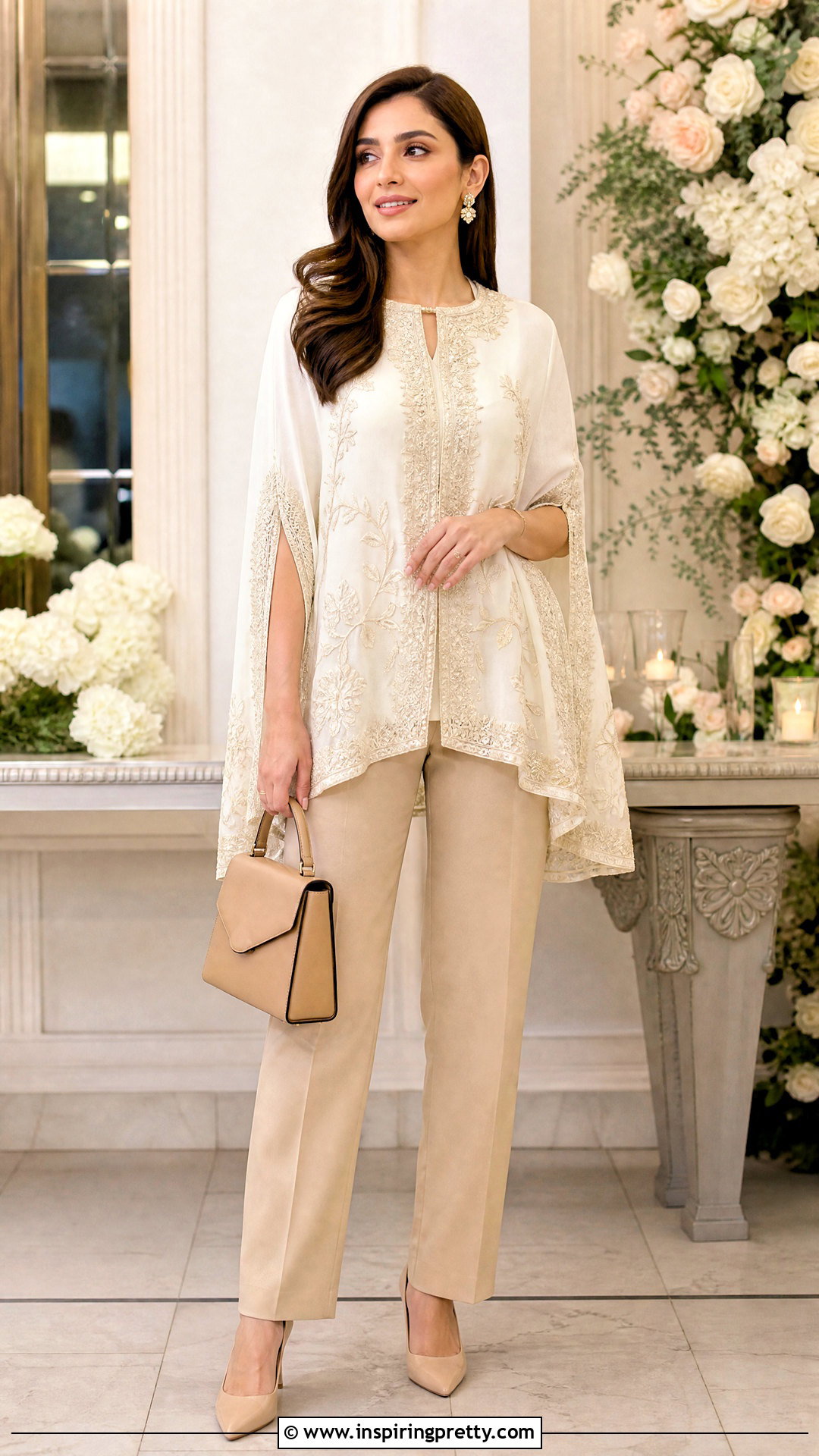 Embroidered Cape Top With Neutral Pants - 50 cape top outfits