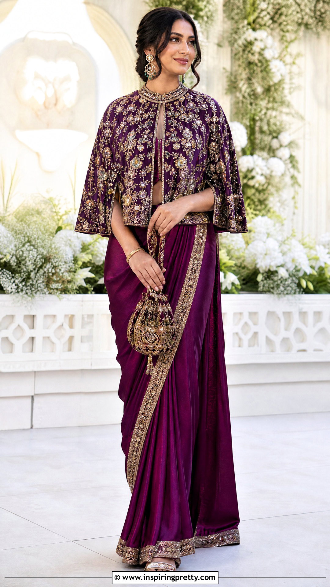 Embroidered Cape Top With Saree - 50 Cape Top outfit ideas