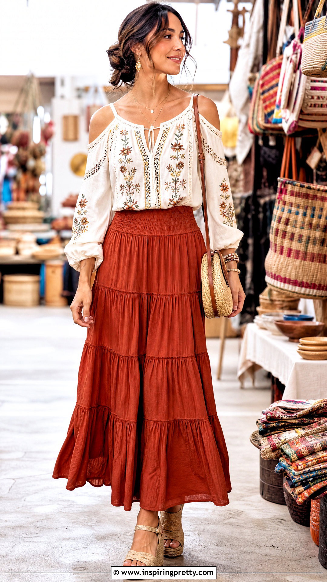 Embroidered Cold Shoulder Top With Tiered Skirt - 50 cold shoulder top outfit ideas
