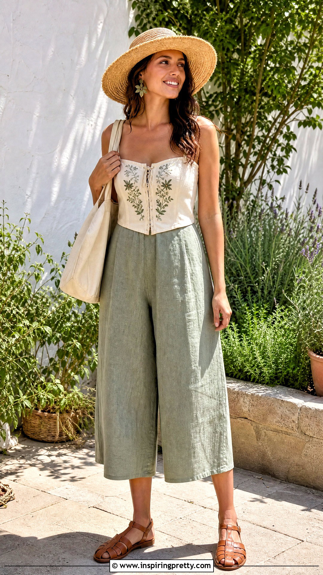 Embroidered Corset Top With Linen Culottes - 25 corset top outfit cottagecore ideas