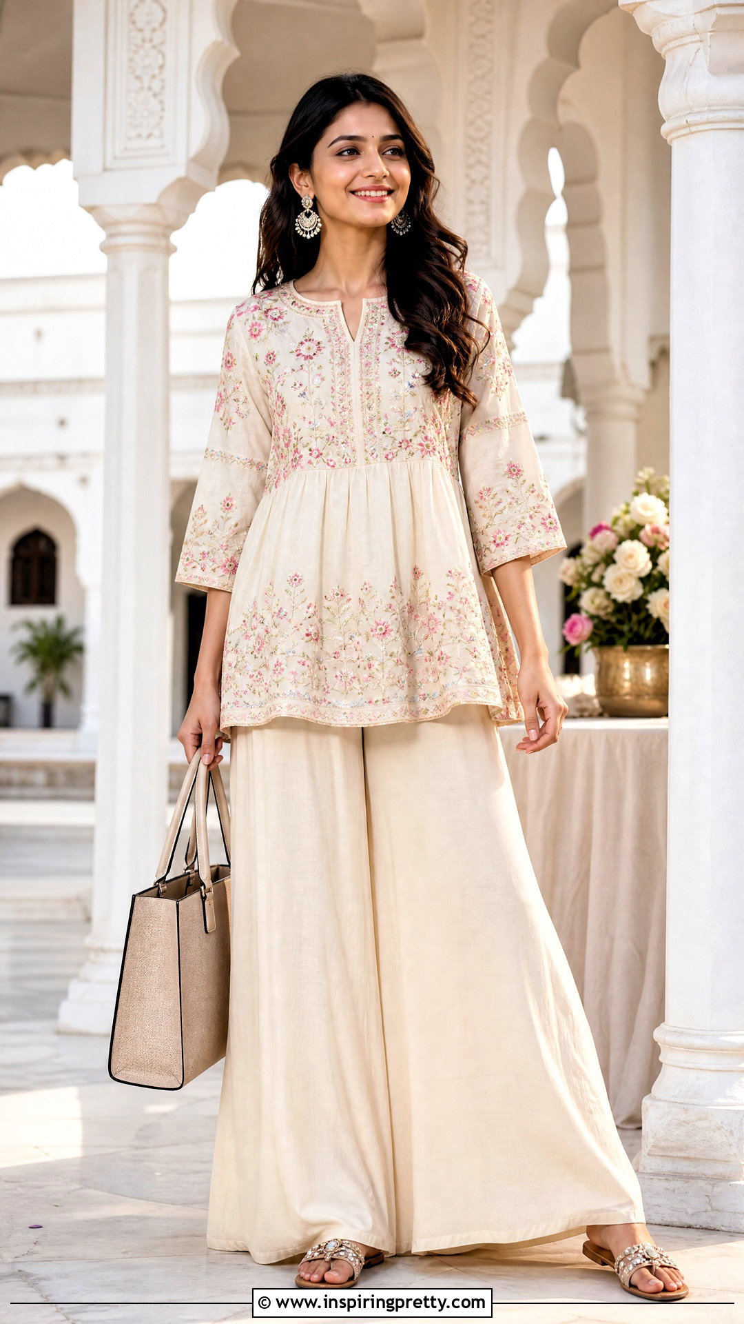 Embroidered Cotton Short Kurti Top With Palazzo Pants - 50 cotton top designs for women