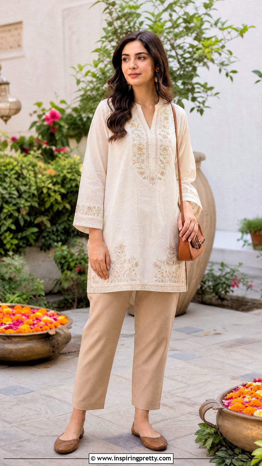 Embroidered Cotton Top With Beige Pants - 50 cotton tops designs casual ideas