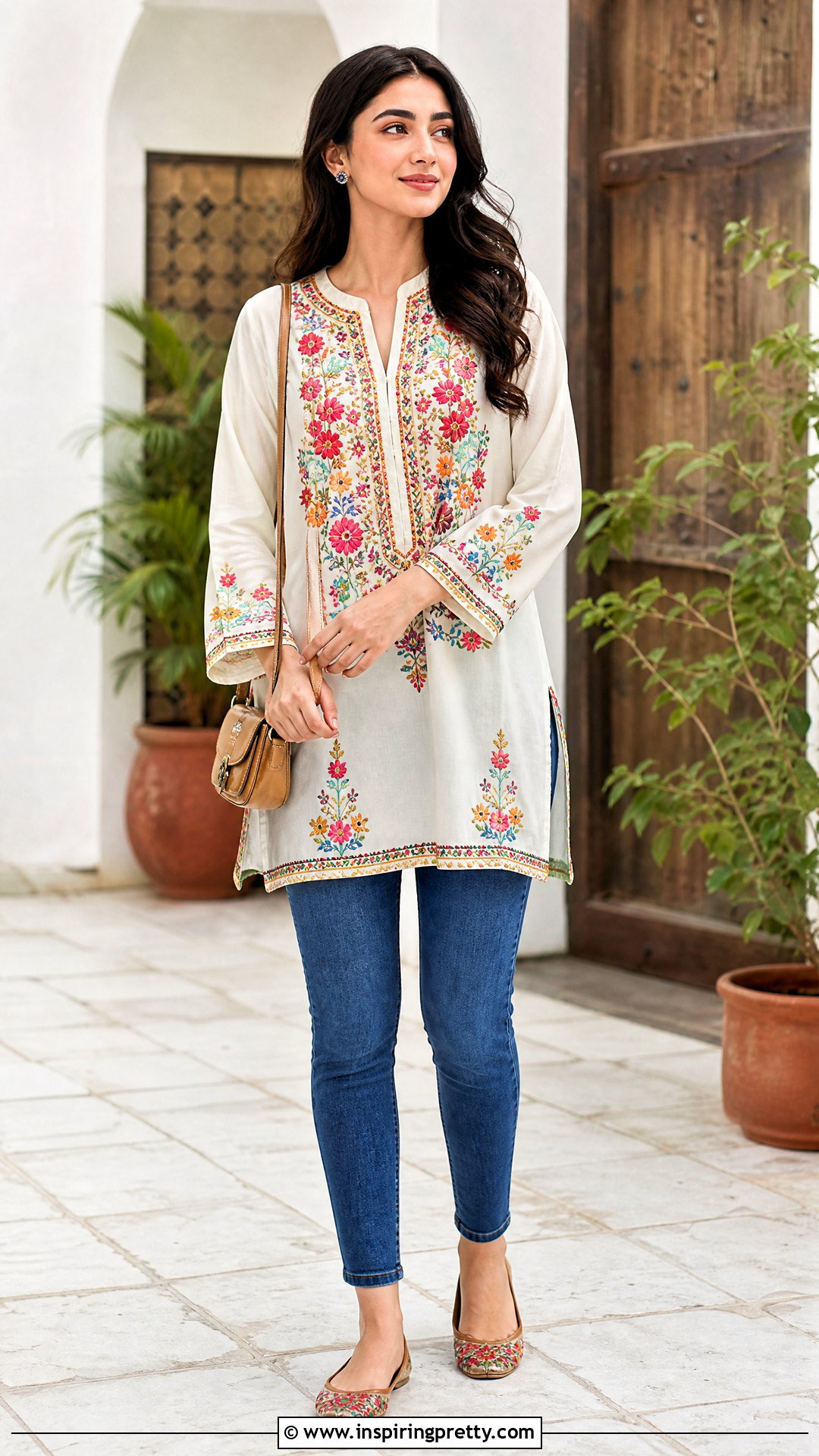 Embroidered Cotton Tunic Top With Blue Jeans - 25 Girls Cotton Top Design For Jeans