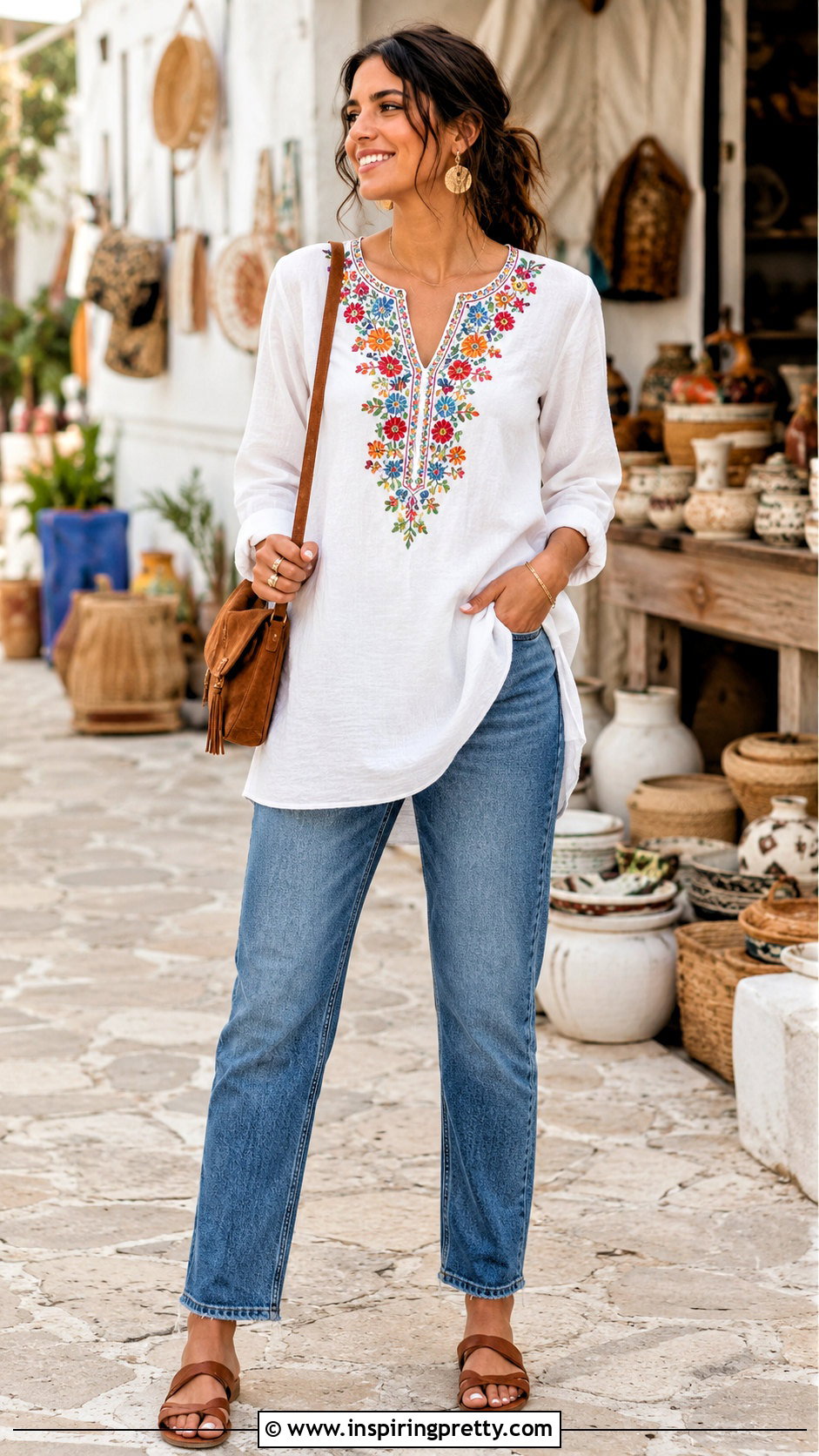 Embroidered Cotton Tunic Top With Denim - 50 cotton tunic tops outfit ideas