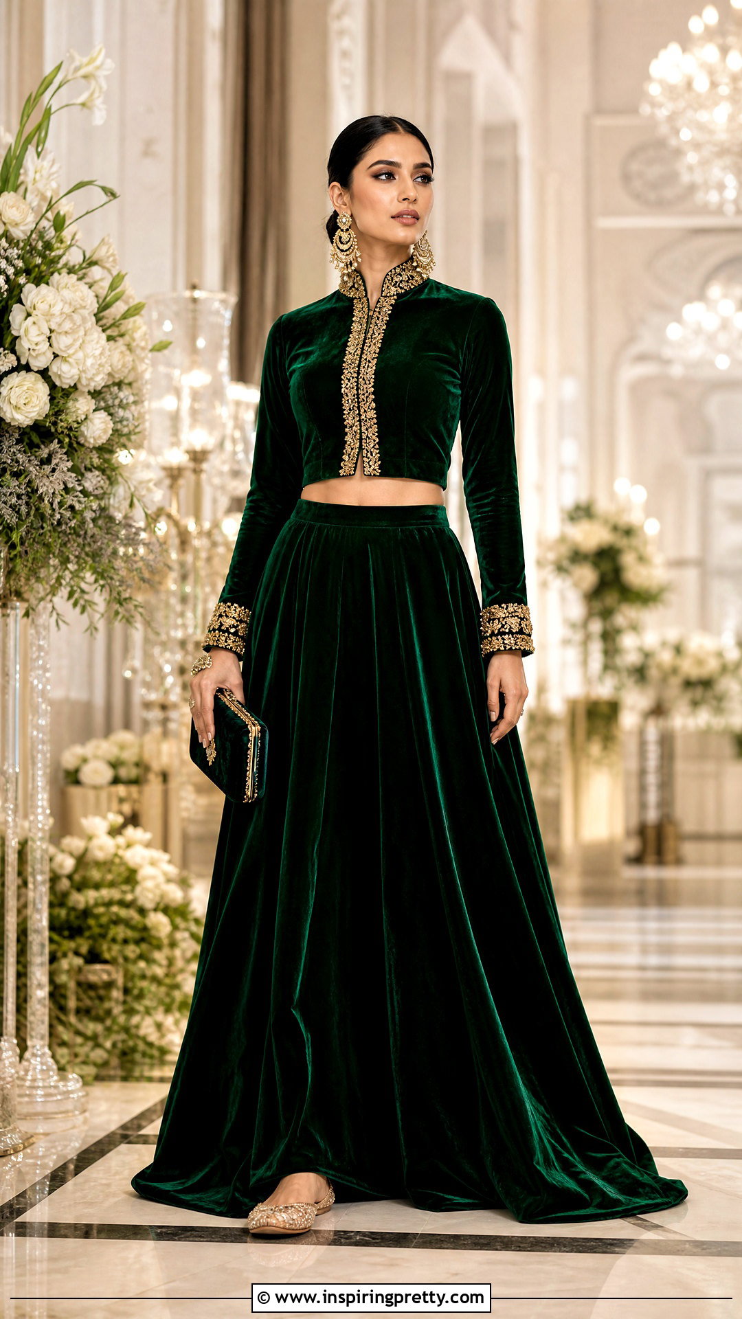 Embroidered Crop Shirt With Velvet Lehenga Outfit - 25 shirt crop top lehenga outfit ideas