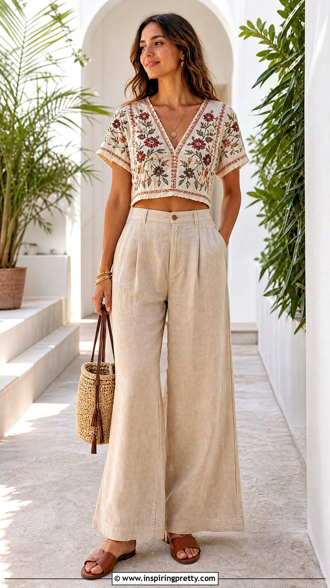 Embroidered Crop Top With Linen Pants - 50 embroidered tops outfit ideas