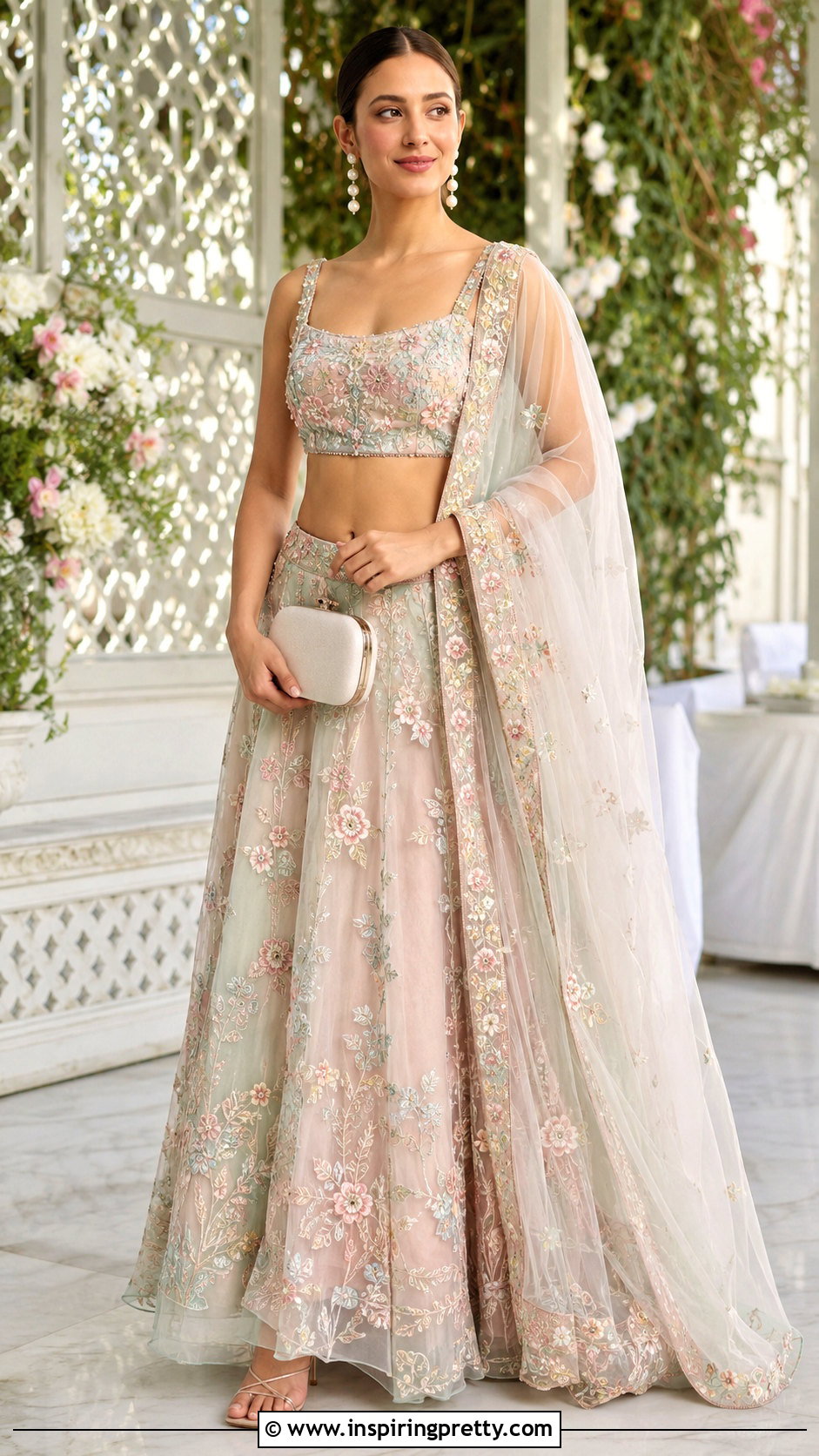 Embroidered Crop Top With Organza Lehenga - 50 traditional crop top designs