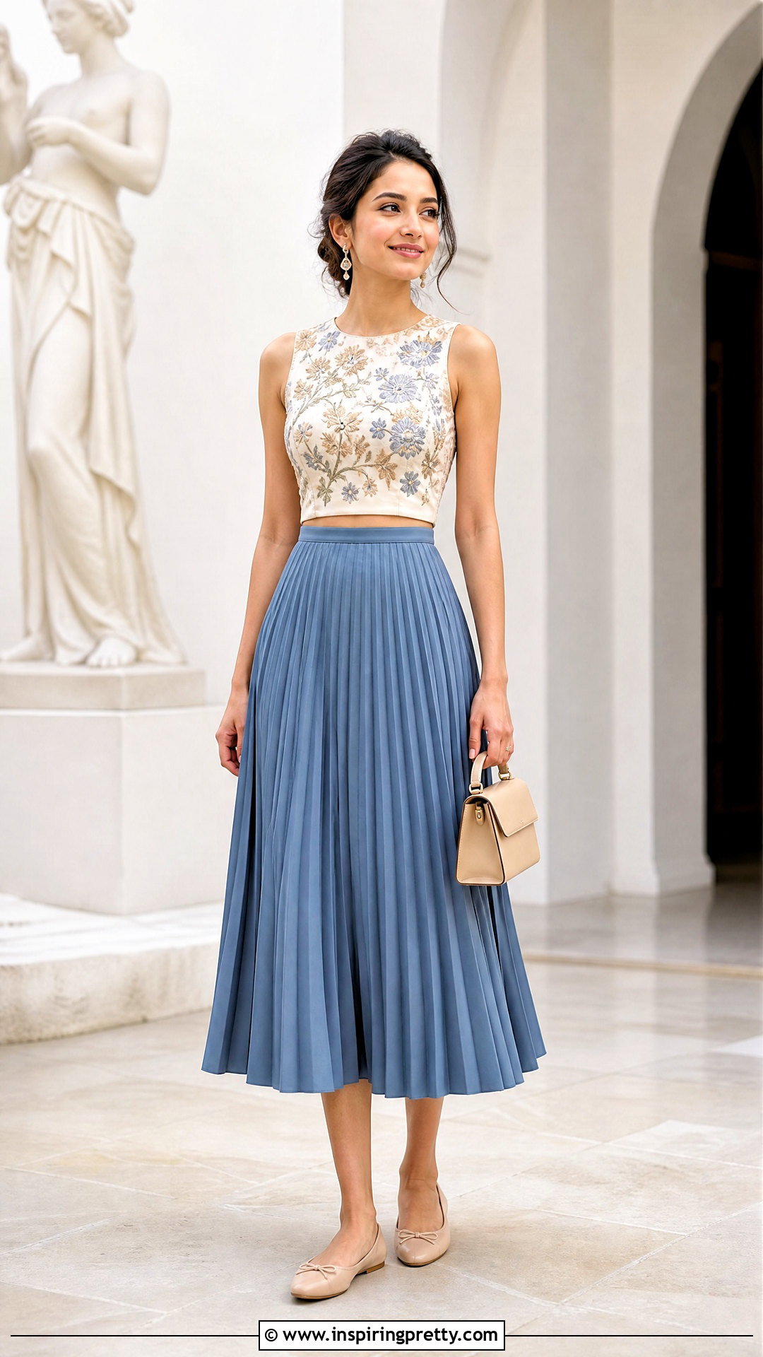 Embroidered Crop Top With Pleated Midi Skirt - 20 Embroidered Crop Top Fashion ideas