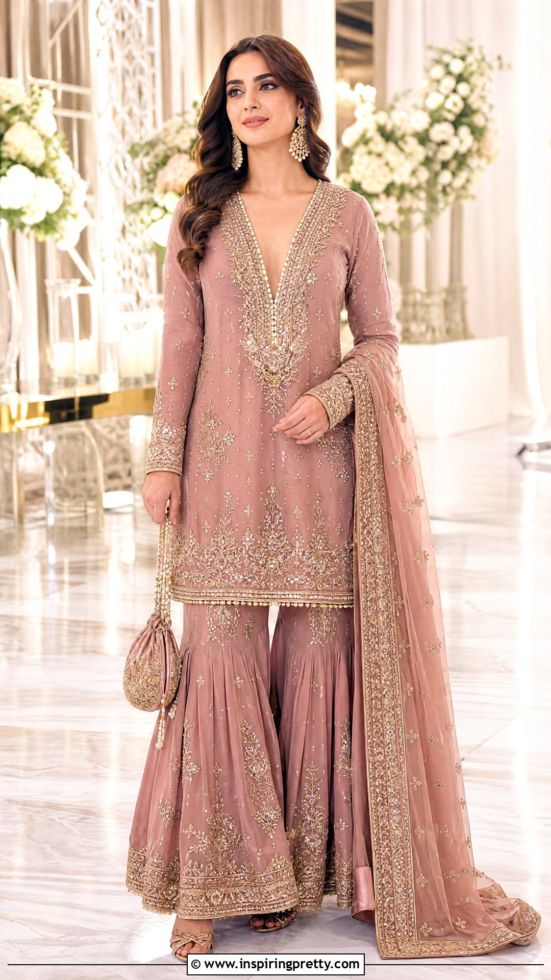 Embroidered Deep V Kurti With Gharara Pants - 20 kurthi tops neck designs