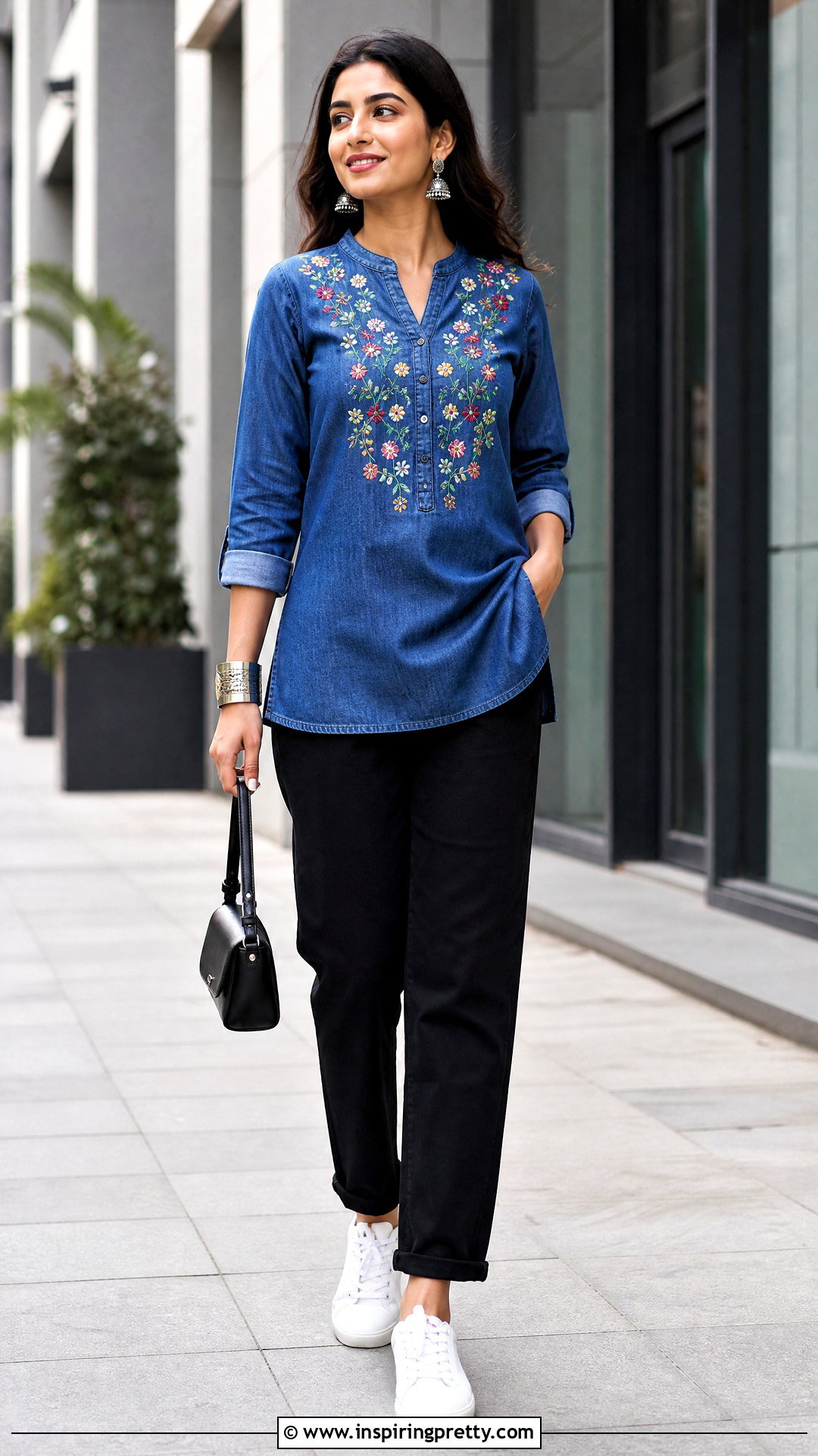 Embroidered Denim Kurti With Black Jeans - 50 jeans tops indian styles