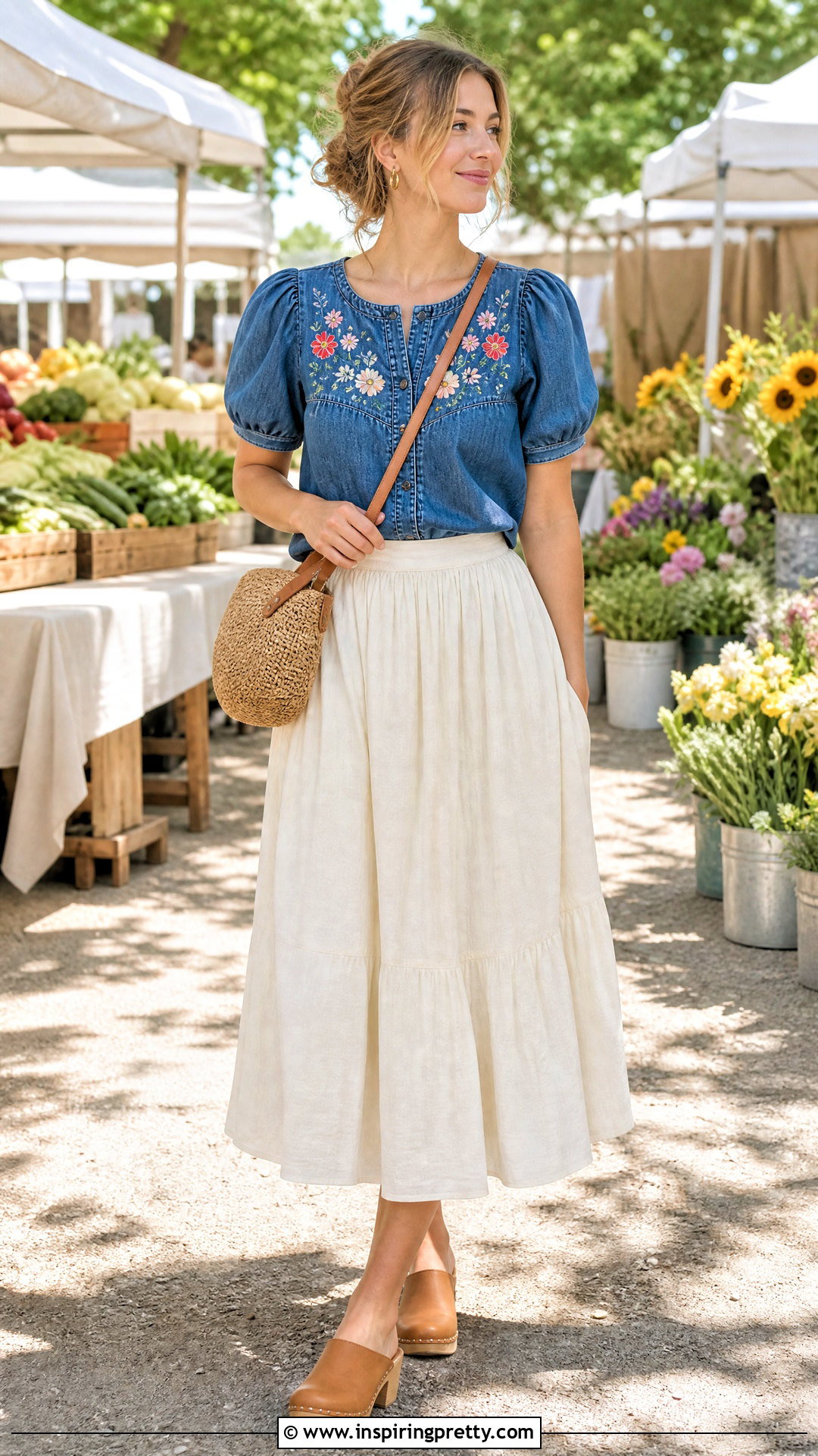 Embroidered Denim Top With Cotton Skirt - 50 whimsical tops outfit ideas