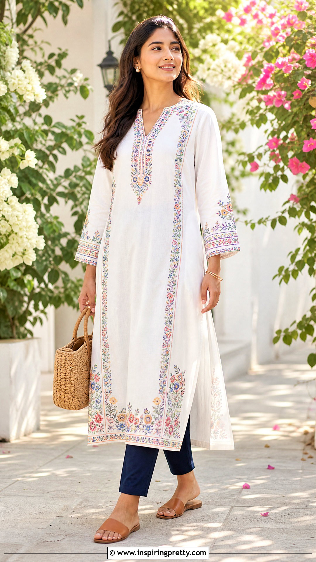 Embroidered Extra Long Tunic Top With Cropped Pants - 20 extra long tunic tops outfit ideas