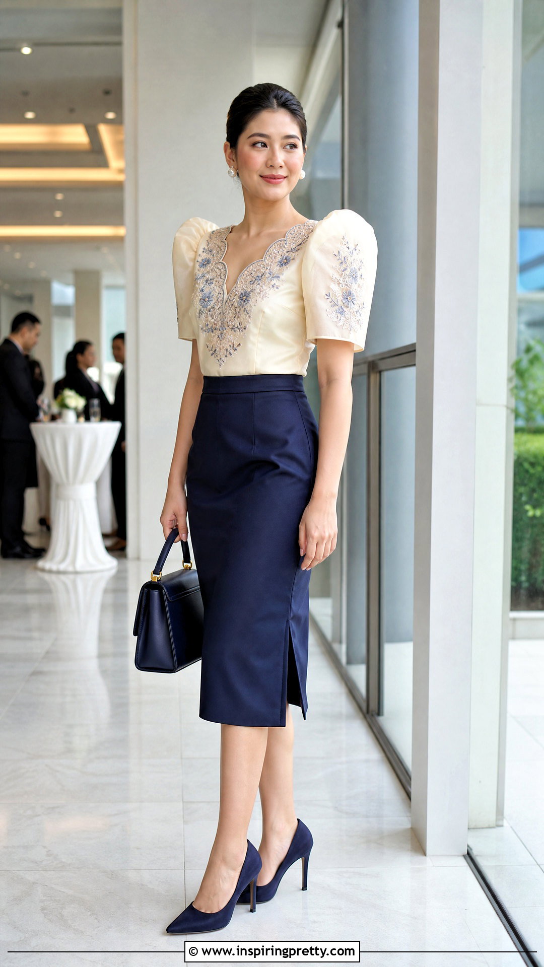 Embroidered Filipiniana Top With Pencil Skirt - 50 filipiniana top outfit ideas