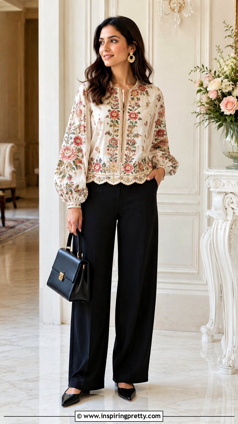 Embroidered Flower Top With Black Pants - 50 Flower Top outfit ideas