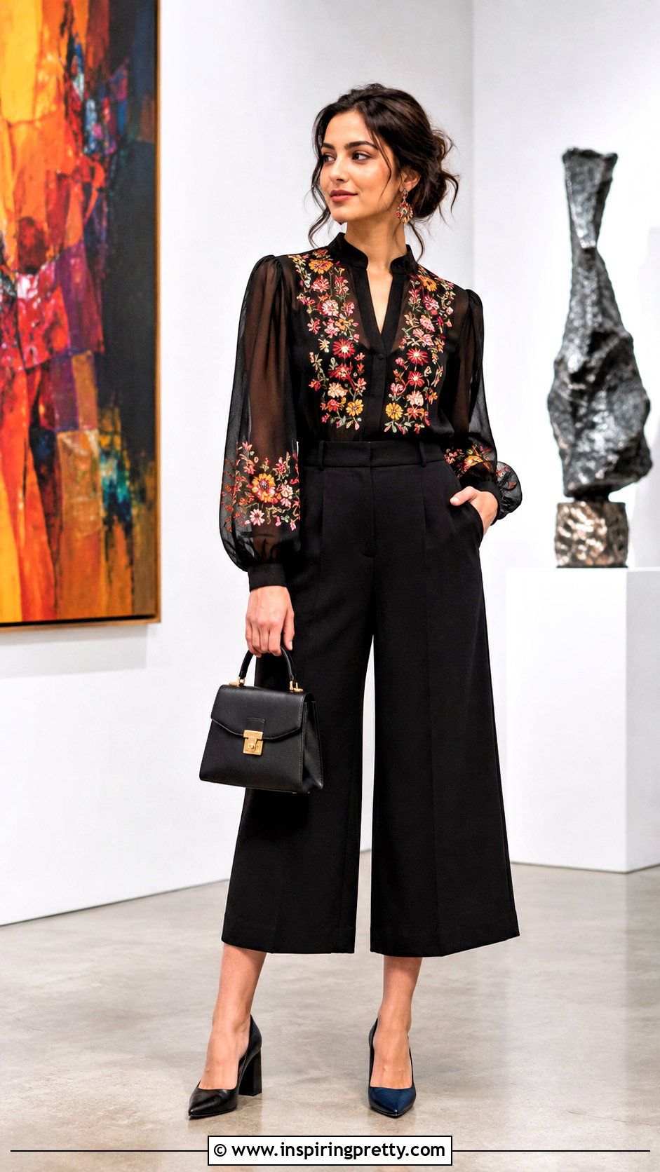 Embroidered Georgette Top With Black Culottes - 50 georgette tops western outfits