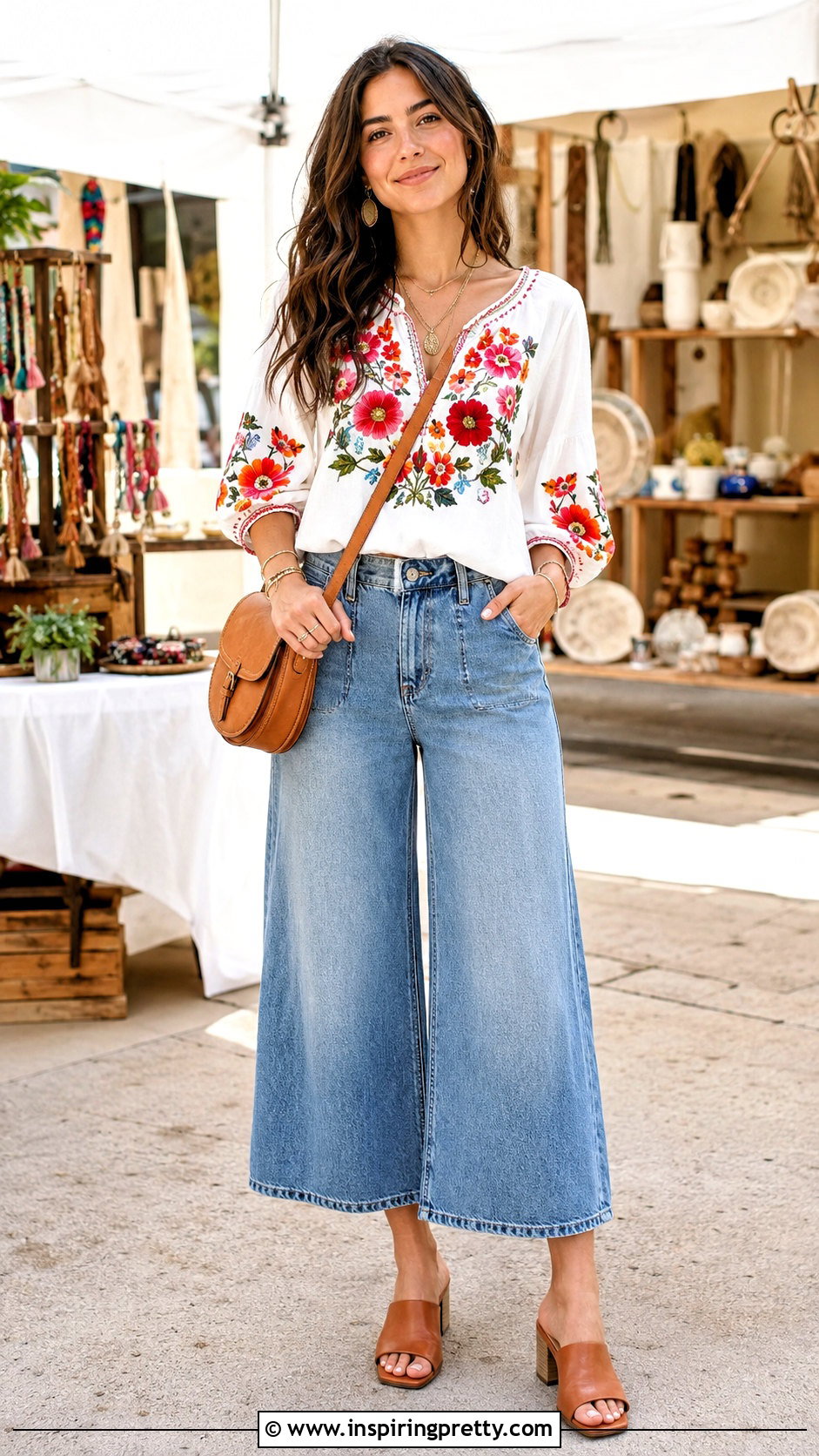 Embroidered Hibiscus Blouse With Denim Culottes - 50 Hibiscus Tops