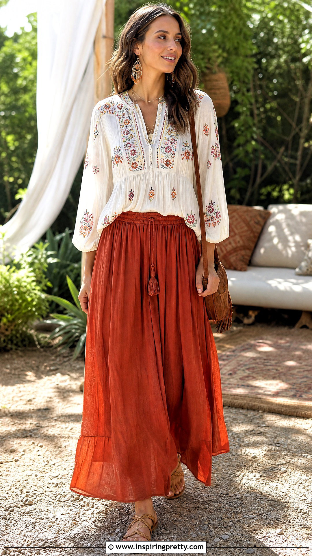 Embroidered Hippie Summer Top With Maxi Skirt - 25 hippie summer tops outfit ideas