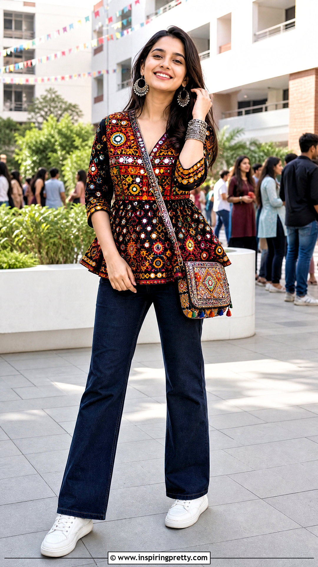 Embroidered Kediyu With Denim Jeans - 50 Kediyu Top For Navratri outfit ideas