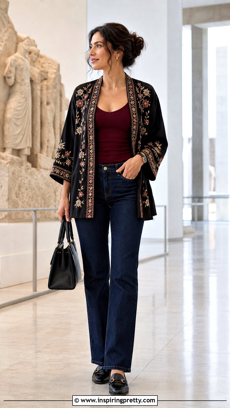 Embroidered Kimono Top With Dark Jeans - 50 kimono top outfit ideas