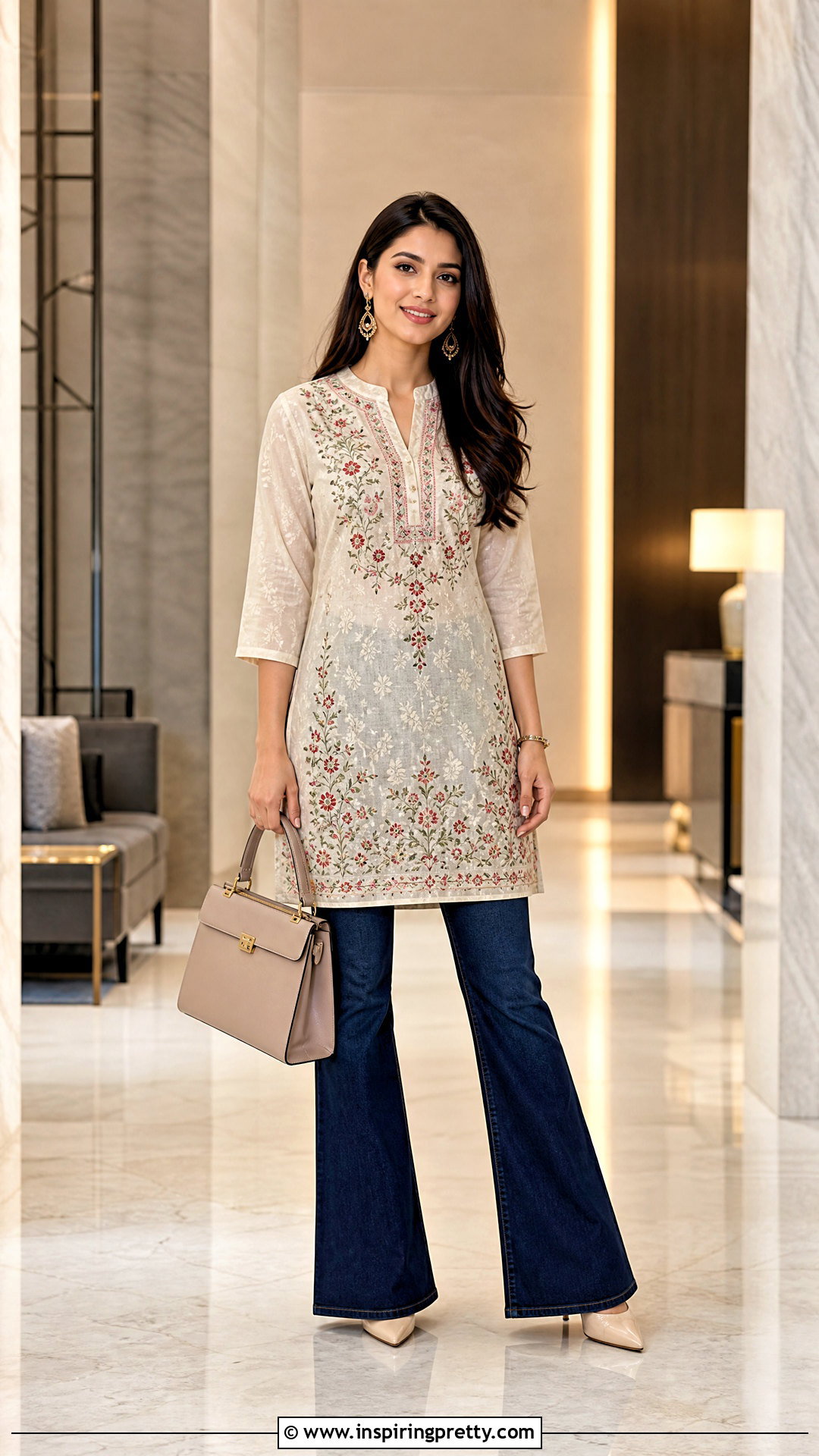 Embroidered Kurti Top With Bootcut Jeans - 50 kurti top outfit ideas
