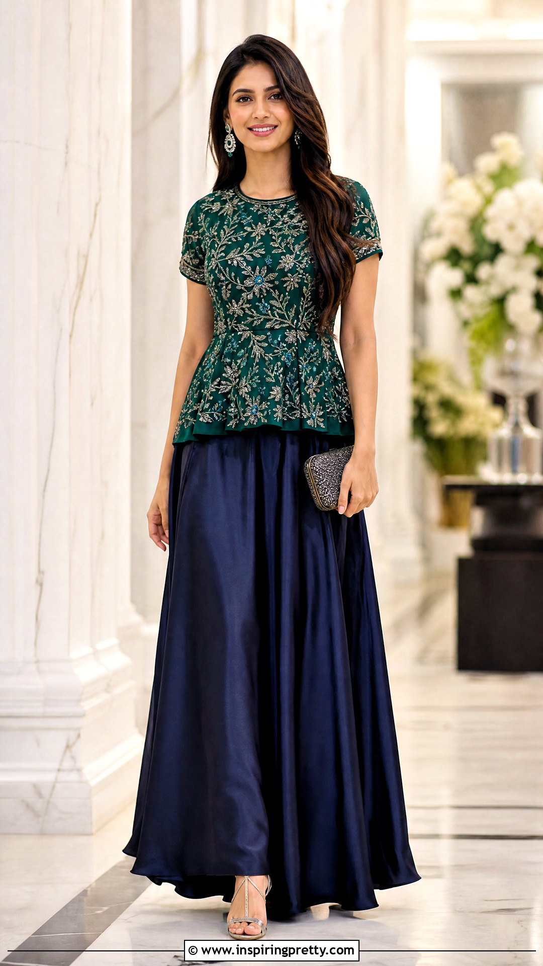 Embroidered Kurti Top With Satin Skirt - 50 kurti top outfit ideas