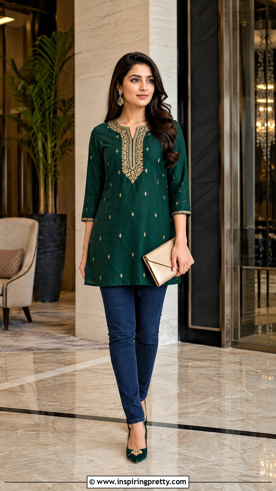 Embroidered Kurti With Dark Jeans - 50 kurti tops outfit ideas