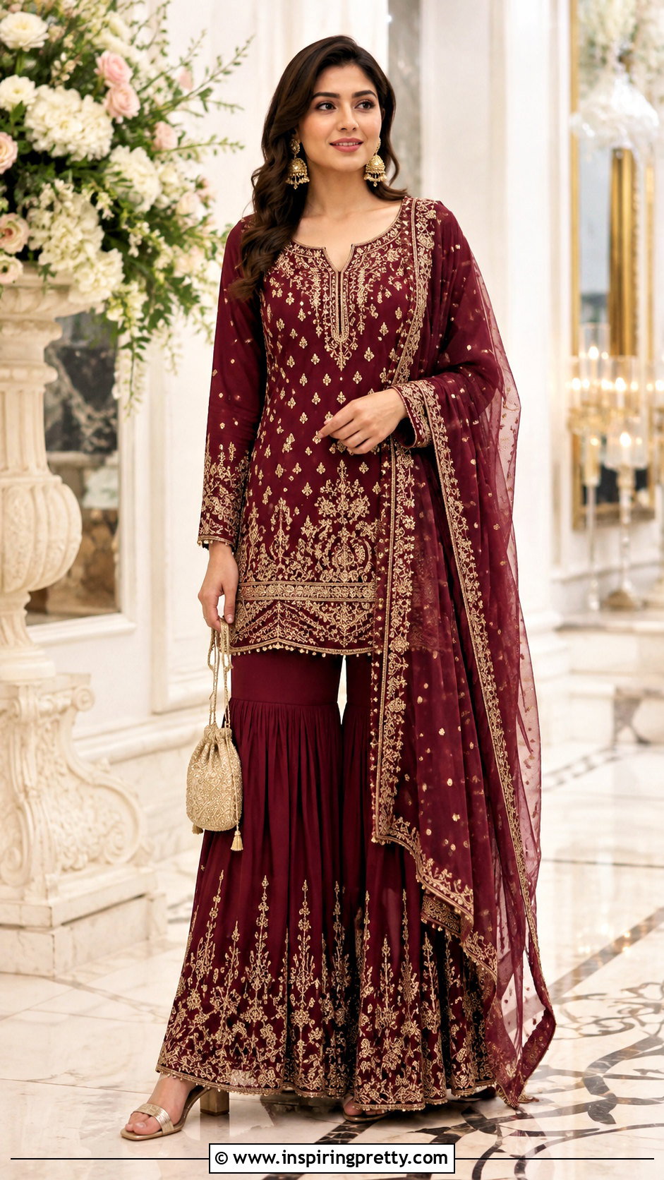 Embroidered Kurti With Gharara Pants - 50 kurti tops outfit ideas