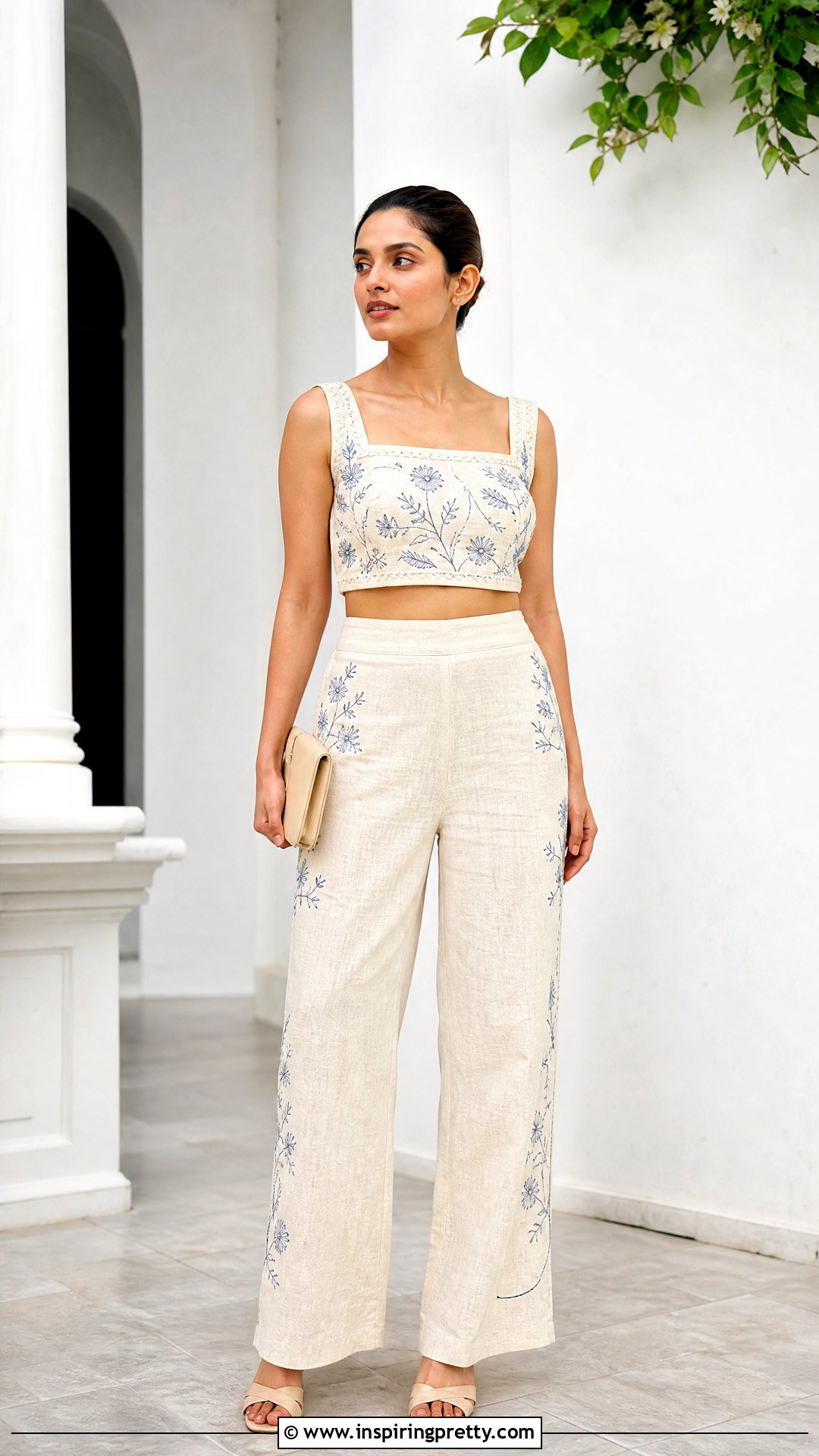 Embroidered Linen Crop Top And Pants Set - 20 linen crop top set ideas