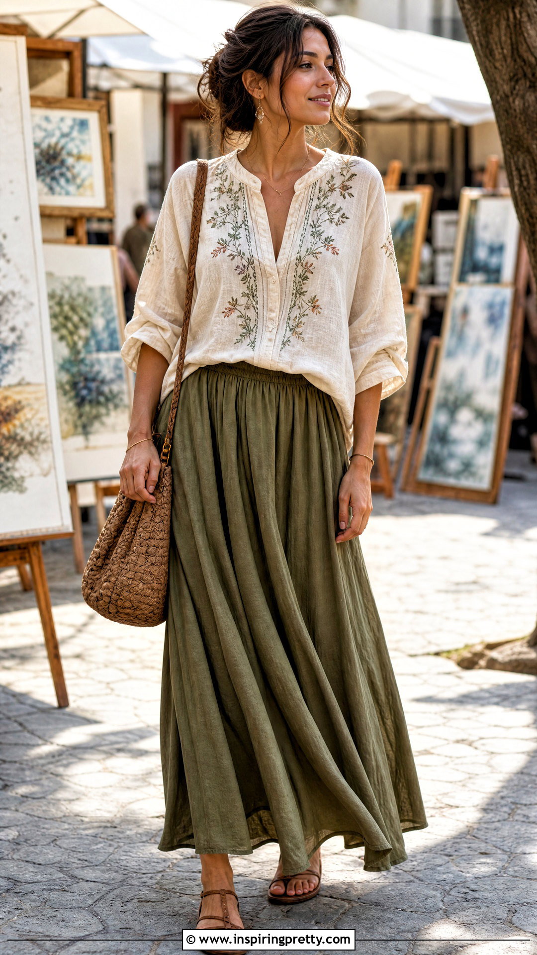 Embroidered Linen Top With Flowy Maxi Skirt - 50 linen top outfit ideas