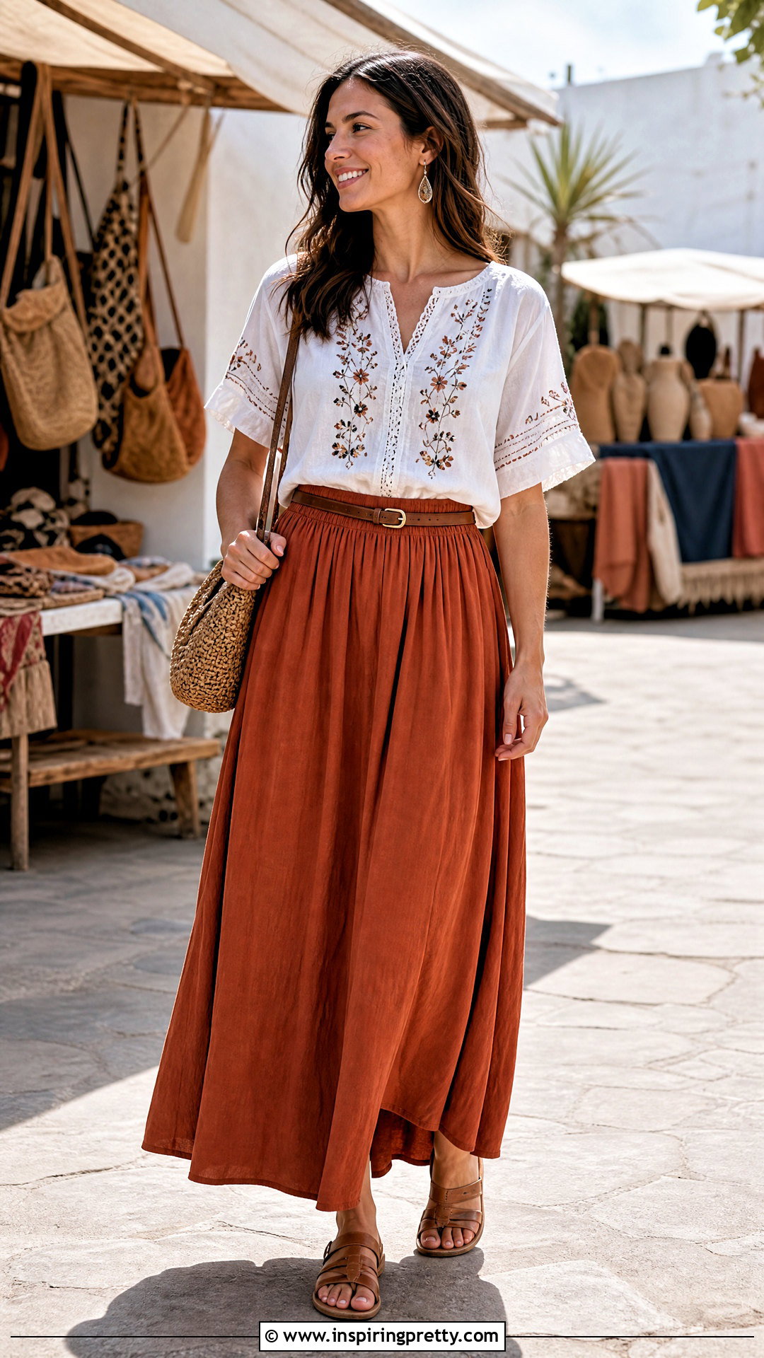 Embroidered Linen Top With Maxi Skirt - 50 linen tops outfit ideas