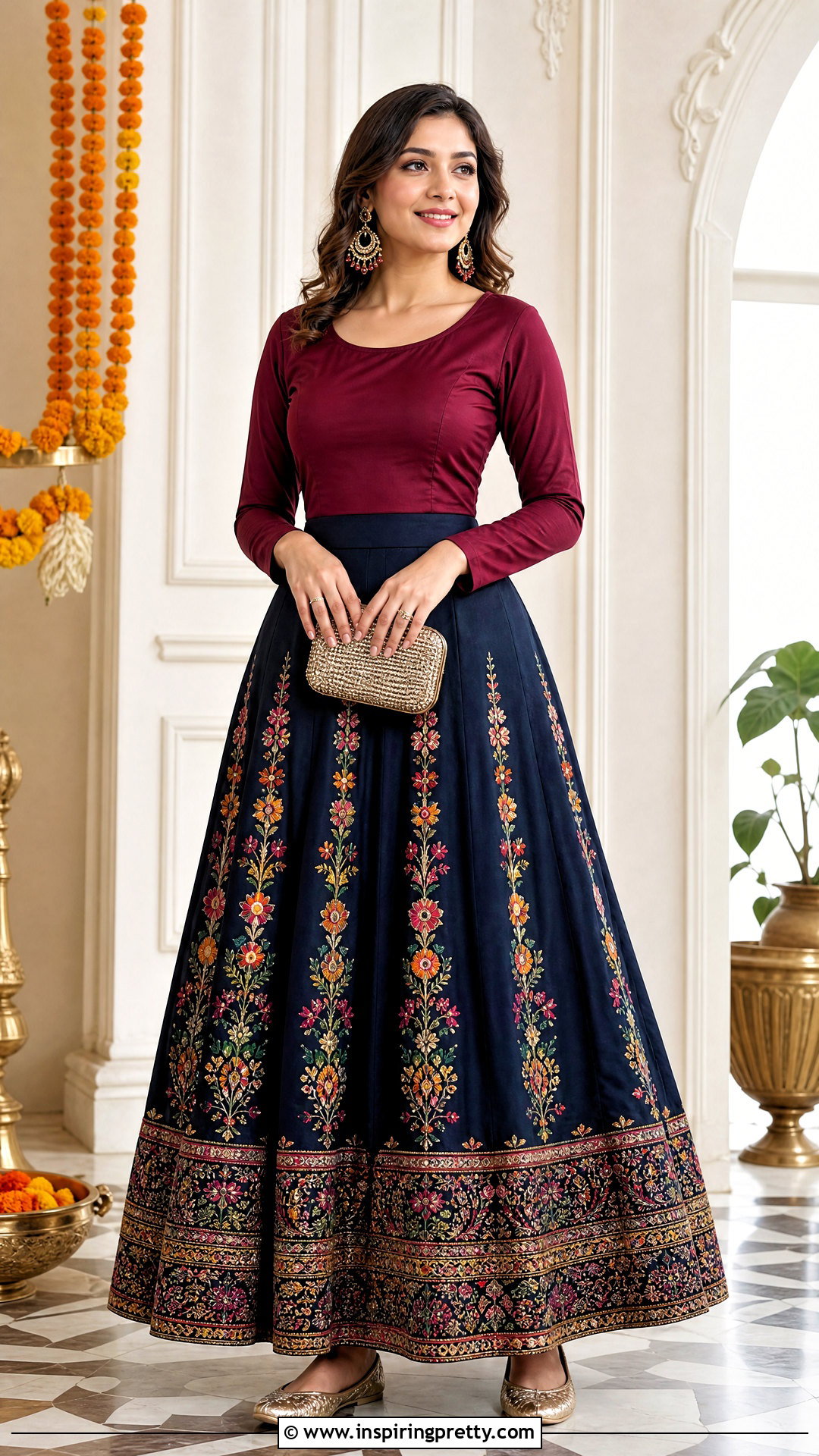 Embroidered Long Skirt With Solid Blouse - 50 long skirt top designs