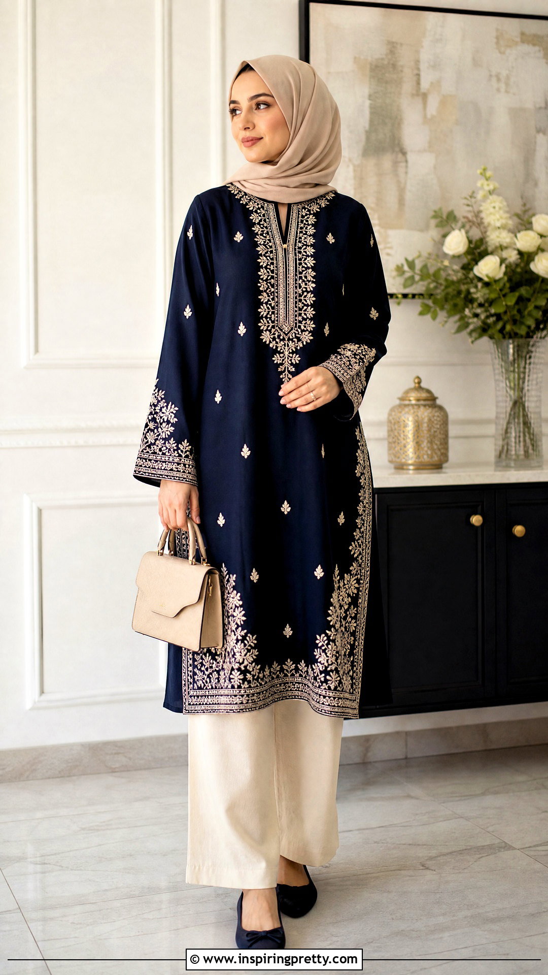 Embroidered Long Top With Straight Pants - 50 long tops designs for muslims