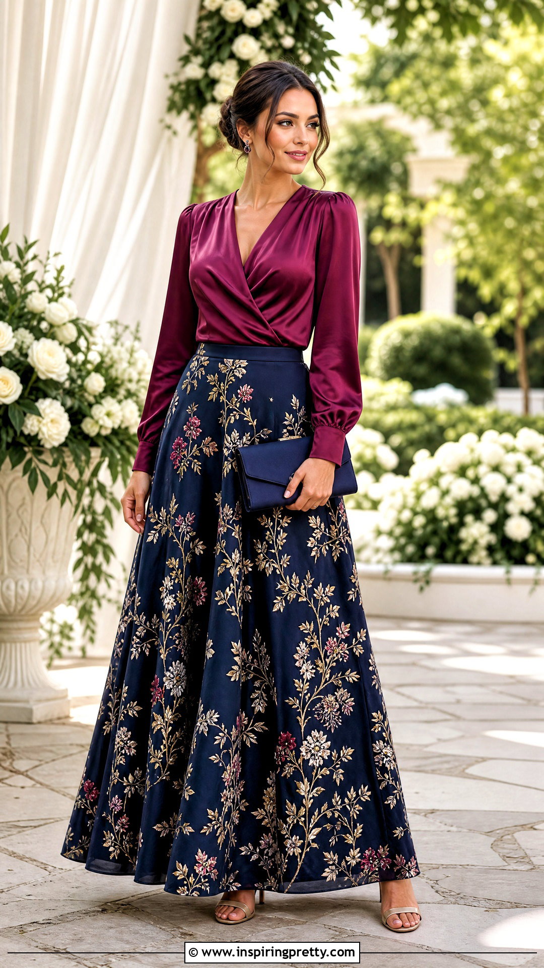 Embroidered Maxi Skirt And Plain Blouse - 50 wedding guest skirt and top outfit ideas