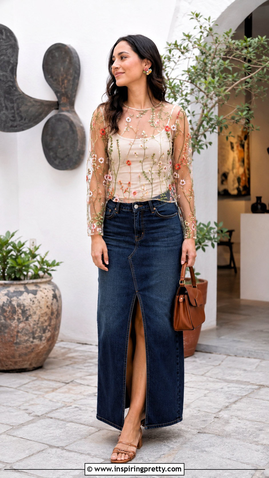 Embroidered Mesh Sheer Top With Denim Maxi Skirt - 20 mesh sheer top outfit ideas