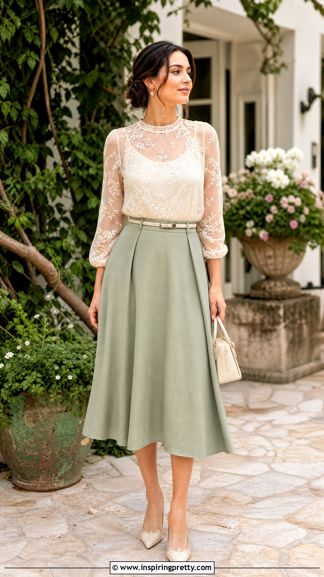 Embroidered Mesh Top With A Line Midi Skirt - 50 mesh top outfit classy ideas