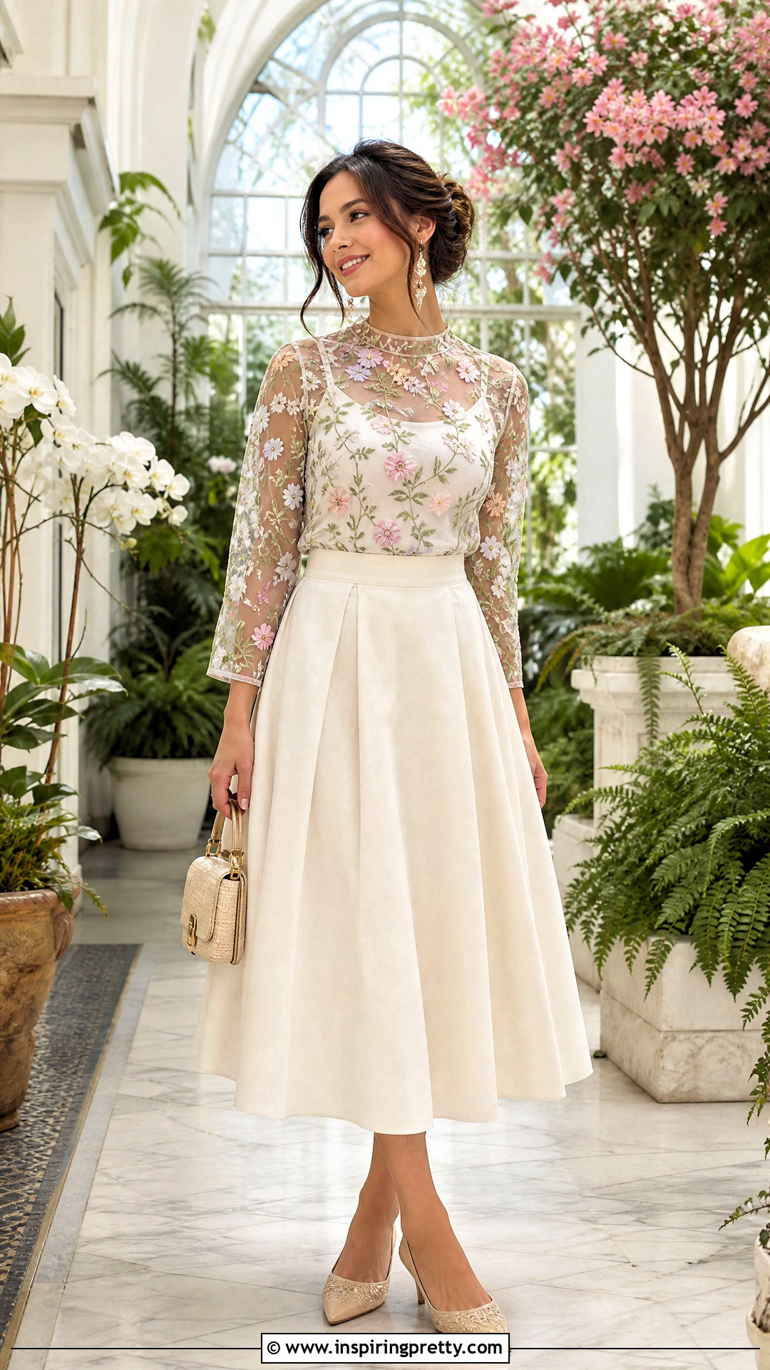 Embroidered Mesh Top With A Line Skirt - 20 Mesh Top Dress To Impress Ideas