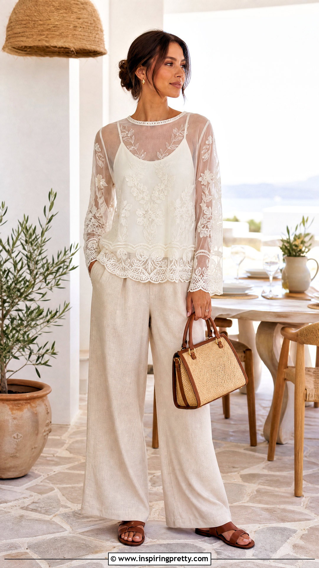 Embroidered Mesh Top With Linen Trousers - 50 mesh tops outfit ideas
