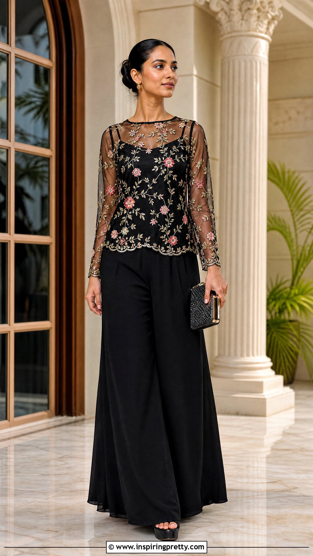 Embroidered Mesh Top With Palazzo Pants - 50 mesh top outfit ideas