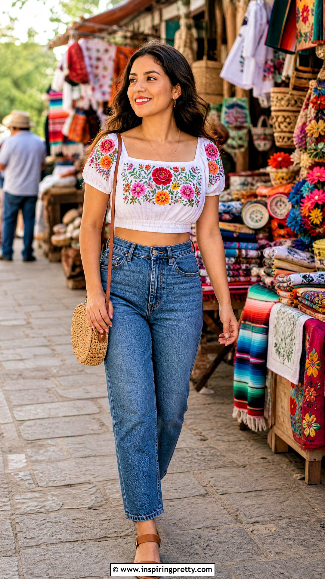 Embroidered Mexican Crop Top With High Waisted Jeans - 20 Mexican Style Crop Top outfit ideas