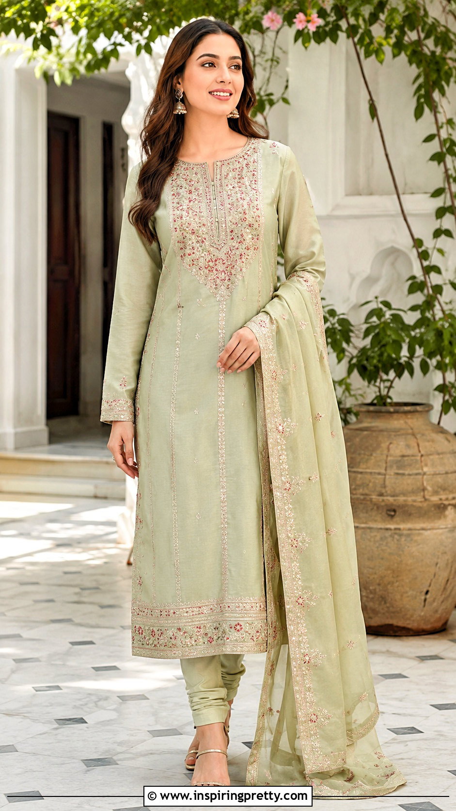 Embroidered Neck Kurti With Churidar - 50 top neck designs