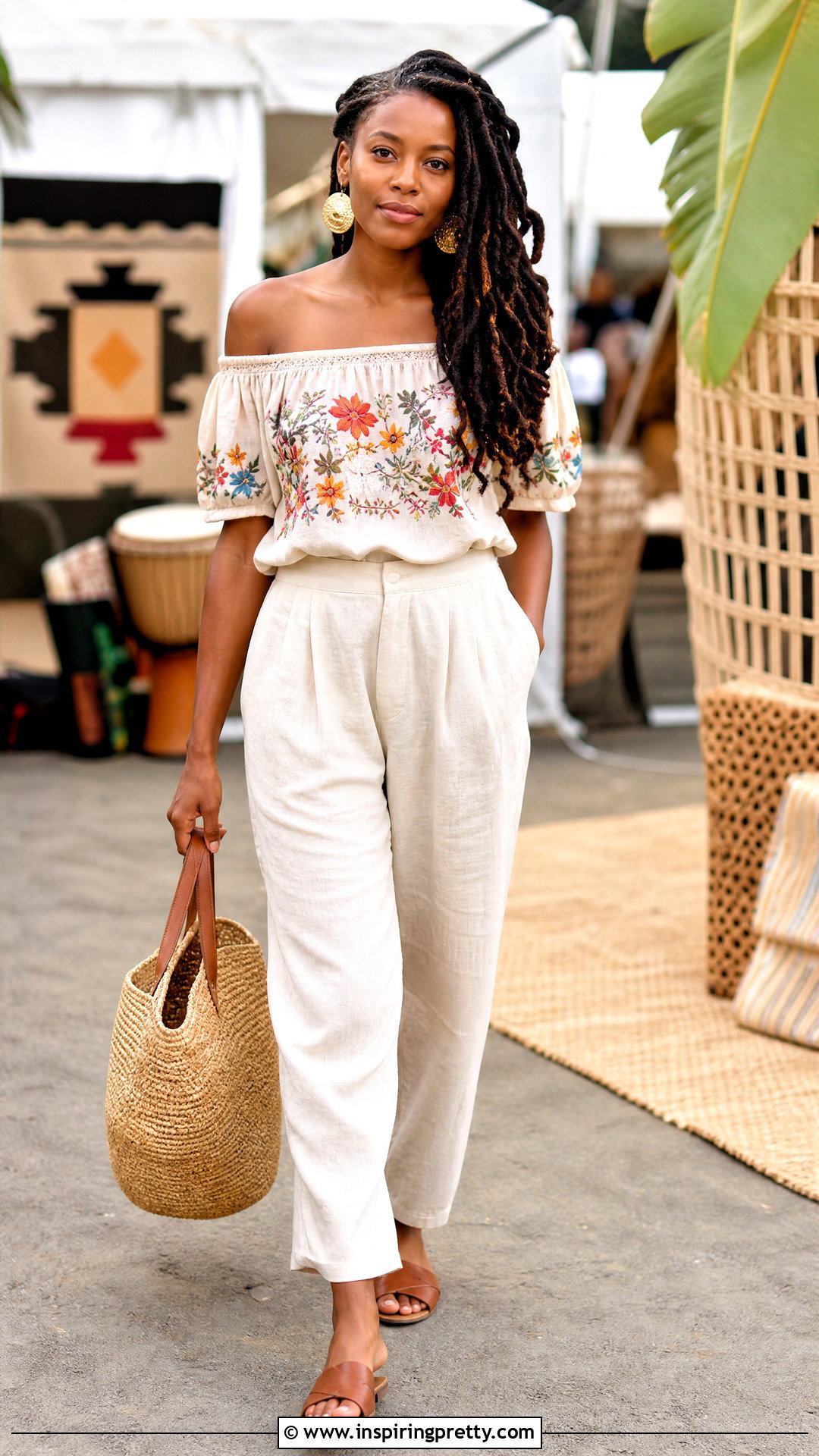 Embroidered Off Shoulder Top With Long Locs and Linen Pants - 50 hairstyle for off shoulder top outfit ideas
