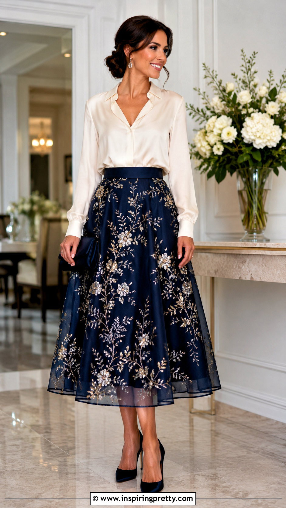 Embroidered Organza Skirt With Silk Blouse - 20 organza skirt and top outfit ideas