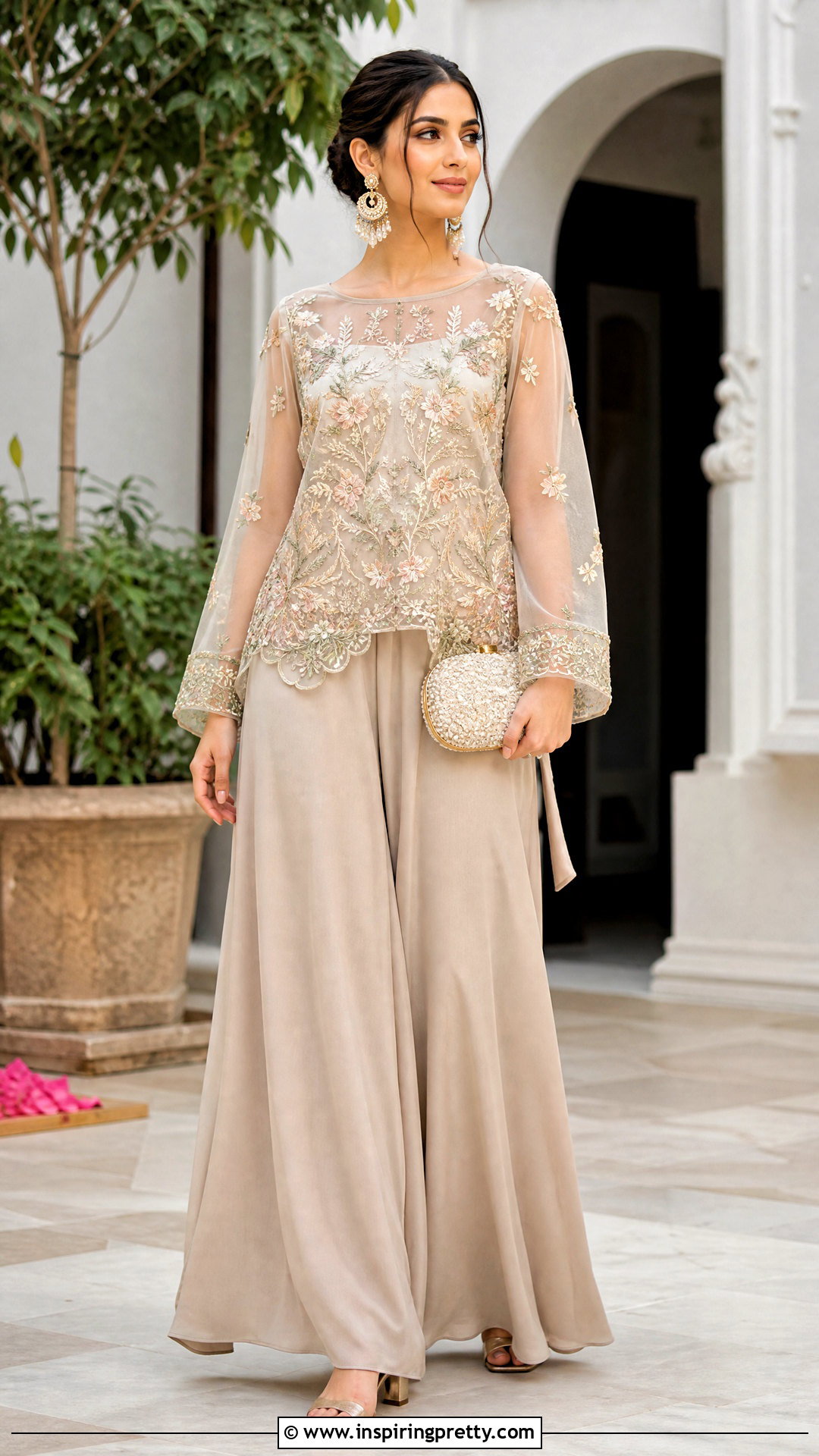 Embroidered Organza Top With Palazzo Pants - 50 organza tops outfit ideas