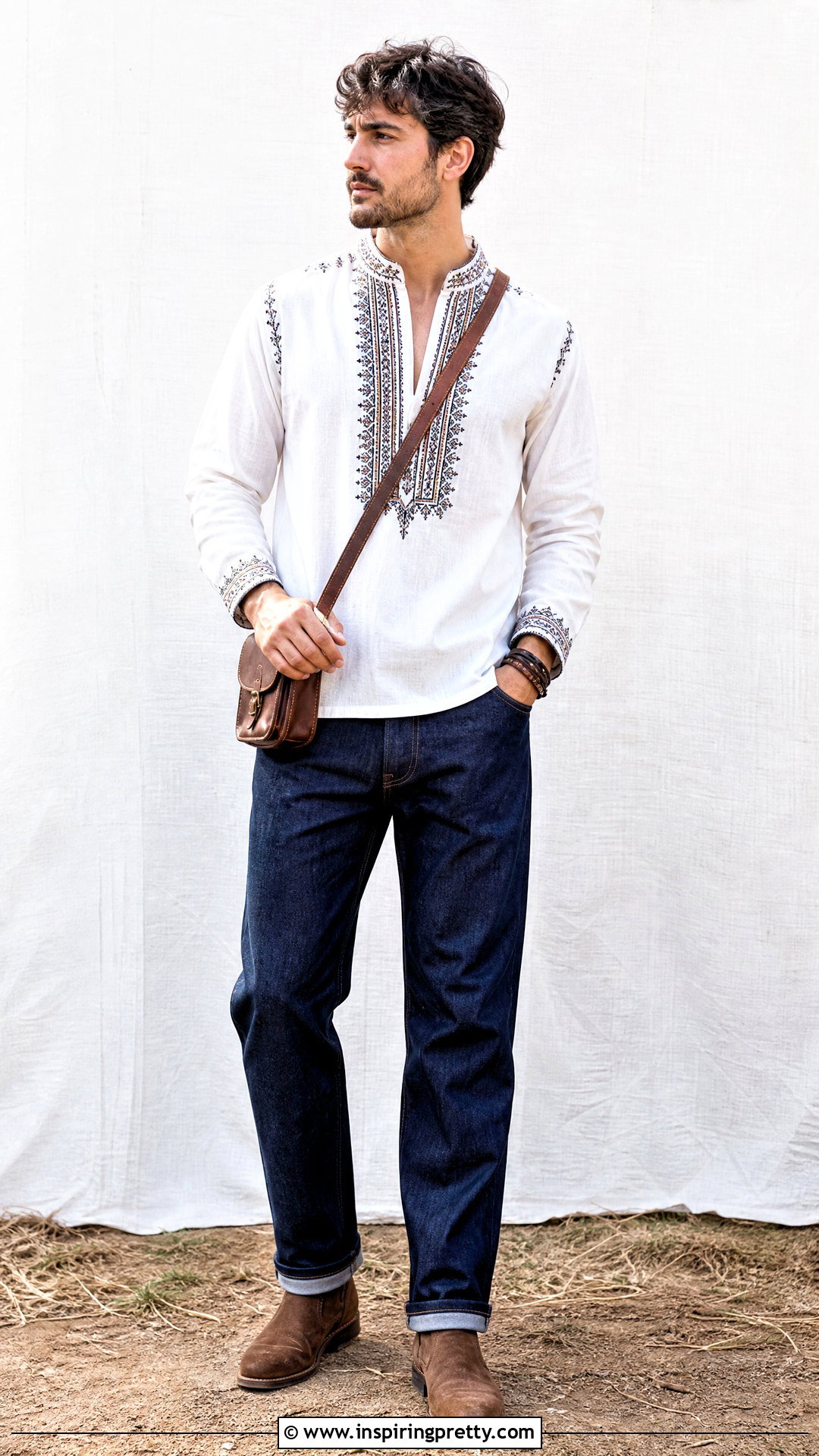 Embroidered Peasant Top Men Outfit With Dark Denim - 25 Peasant Top Men outfit ideas