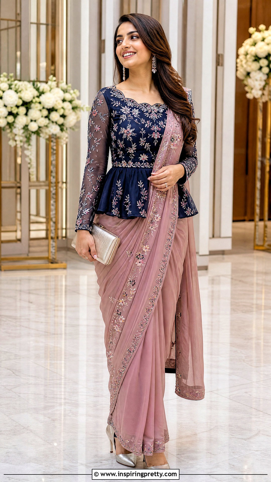 Embroidered Peplum Top With Plain Georgette Saree - 20 peplum top with saree outfit ideas