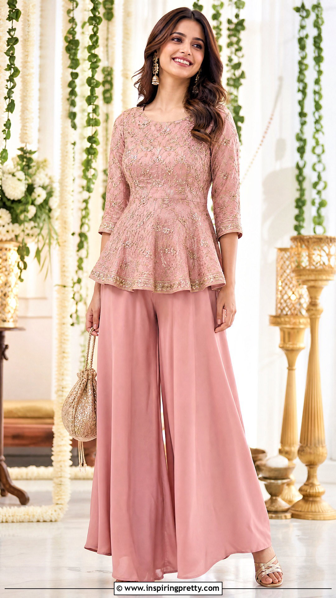 Embroidered Peplum Top With Plain Palazzo Pants - 50 peplum top with plazo outfit ideas
